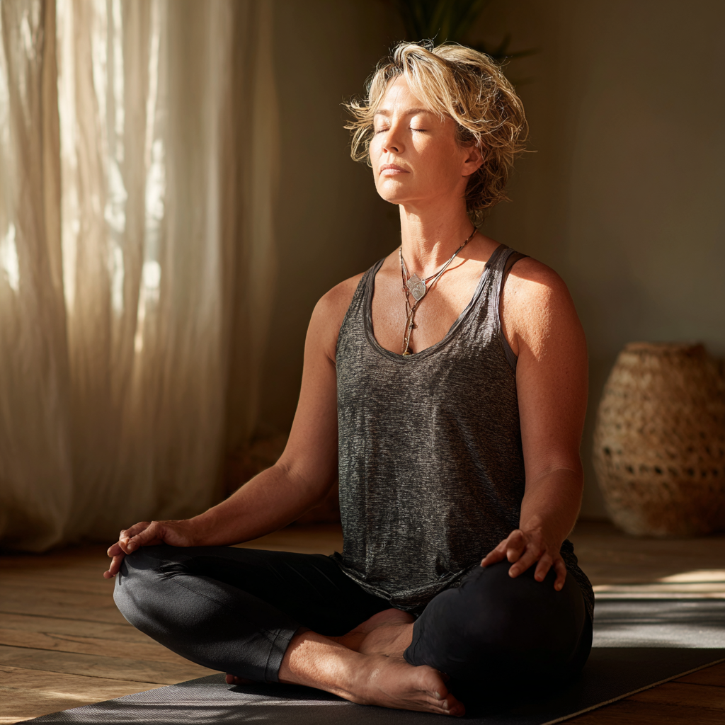 Serene middle-aged woman practicing yoga in peaceful studio environment